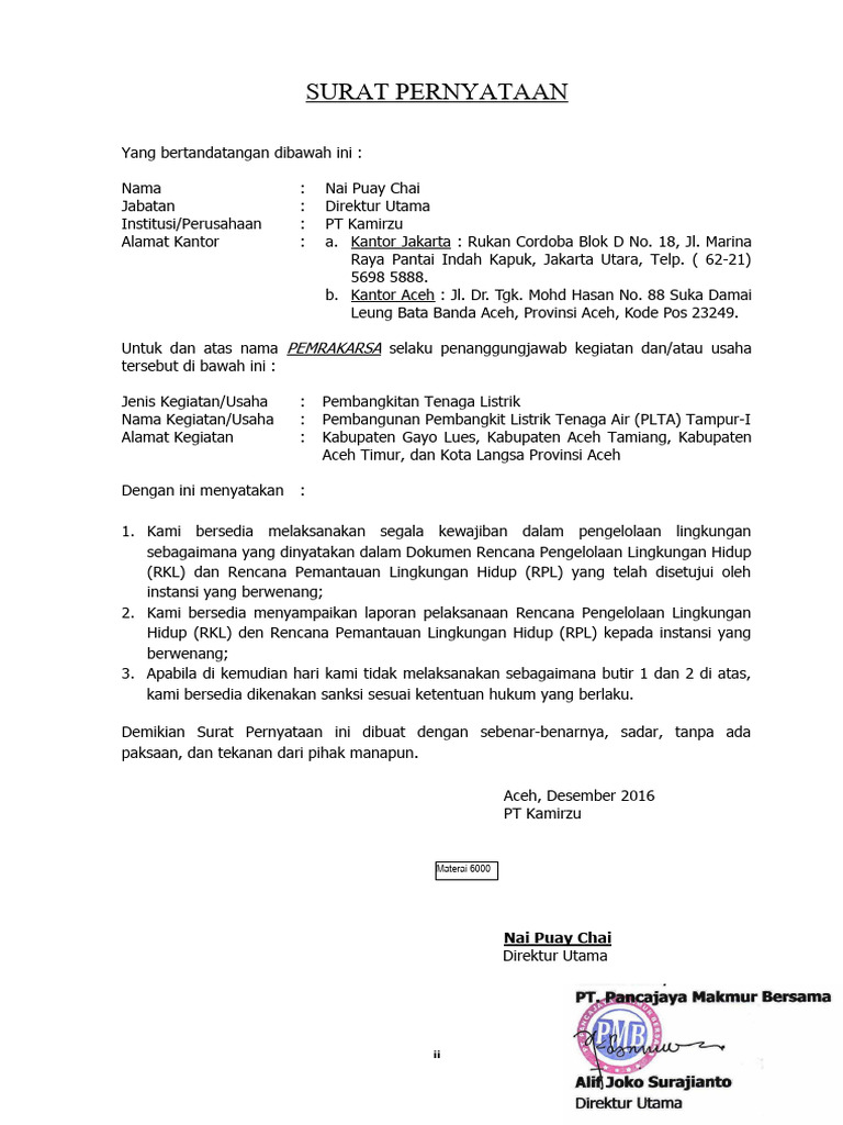 Surat Pernyataan RKL dan RPL PT Kamirzu | PDF