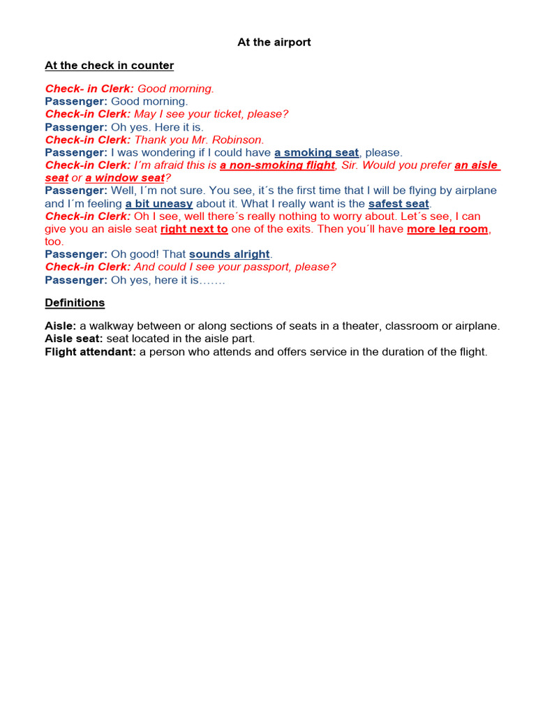 Airport Check-In and Customs Dialogue | PDF | Waiting Staff