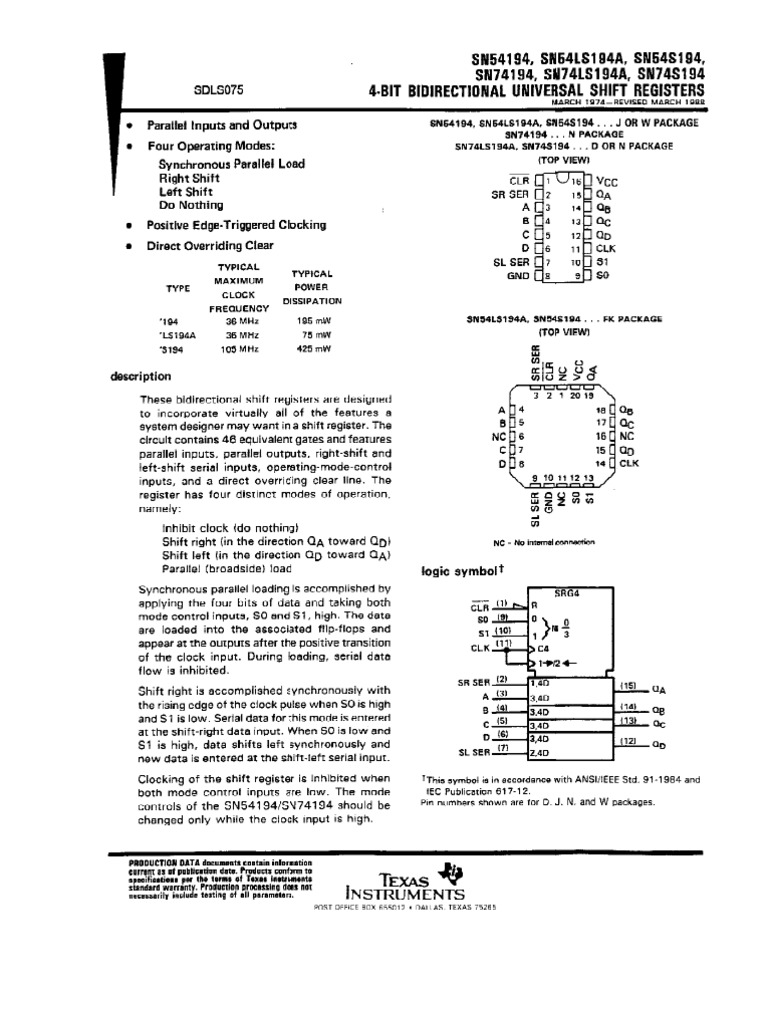 SN 74194 | PDF | Electronics | Computing