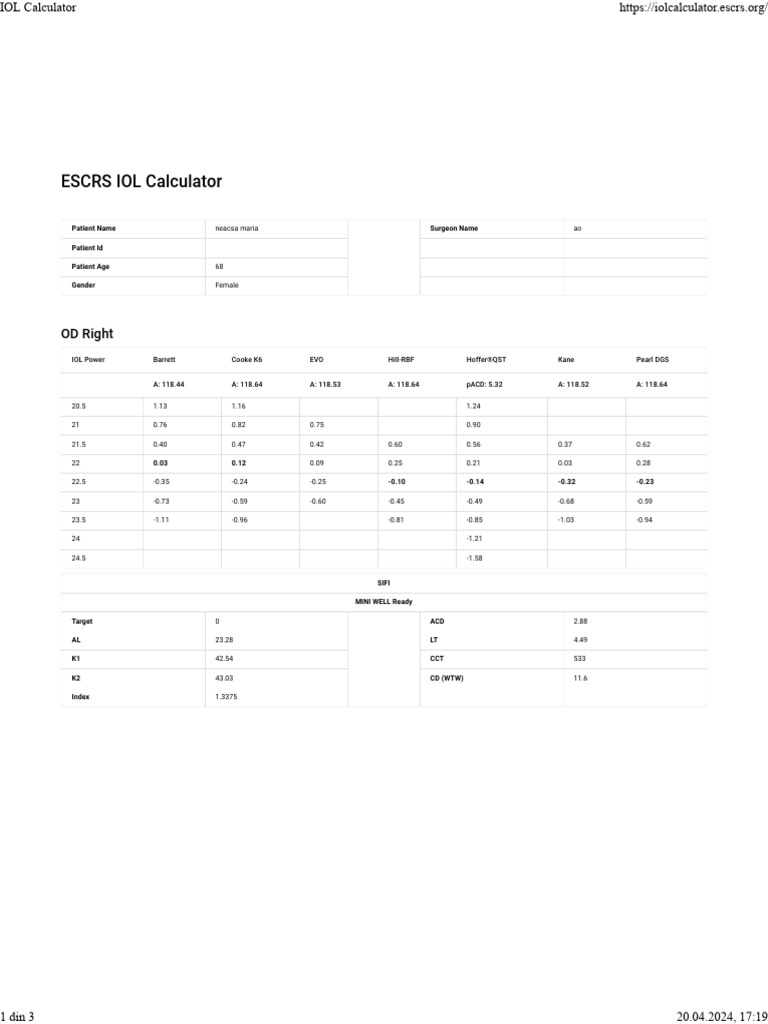 ESCRS IOL Calculator: Patient Name Surgeon Name Patient Id Patient Age ...