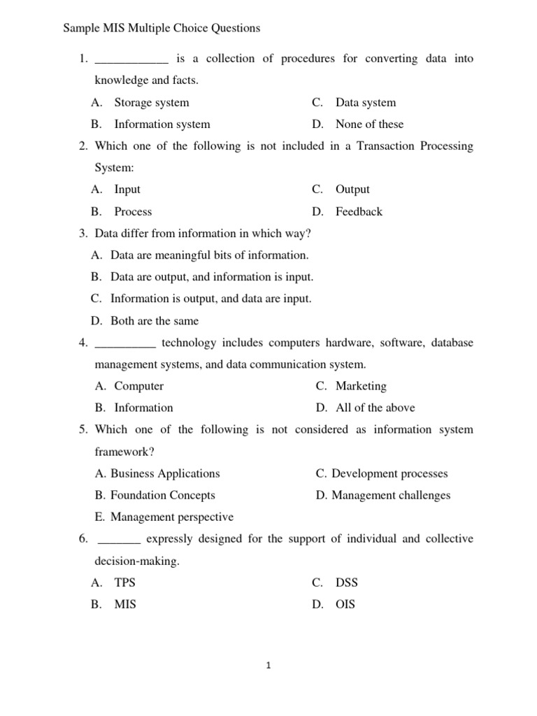 MIS Multiple Choice Questions Overview | PDF | Information ...