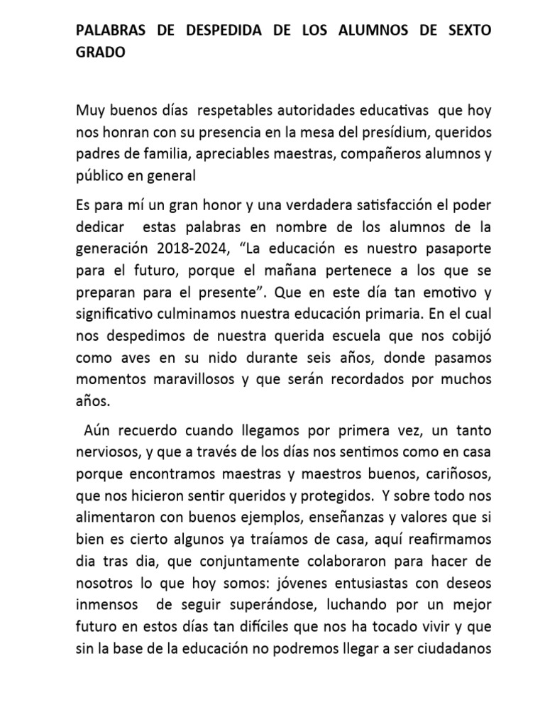 Despedida de alumnos de sexto grado | PDF