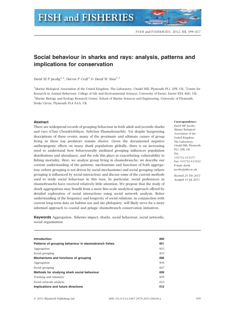 Social Behaviour in Sharks and Rays: Analysis, Patterns and ...