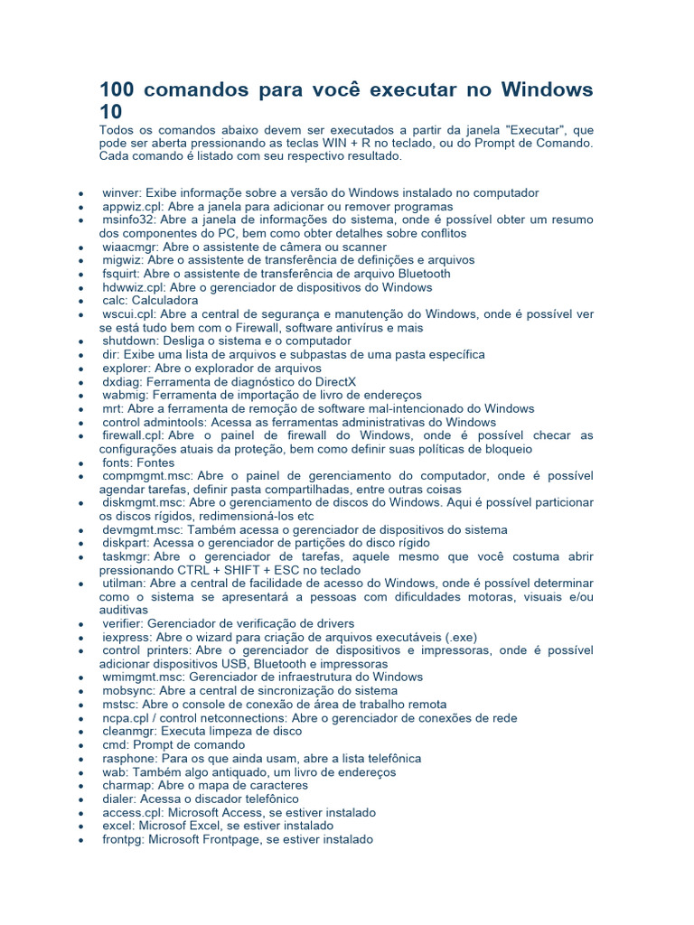 100 Comandos para Executar no Windows | PDF | Arquitetura de ...