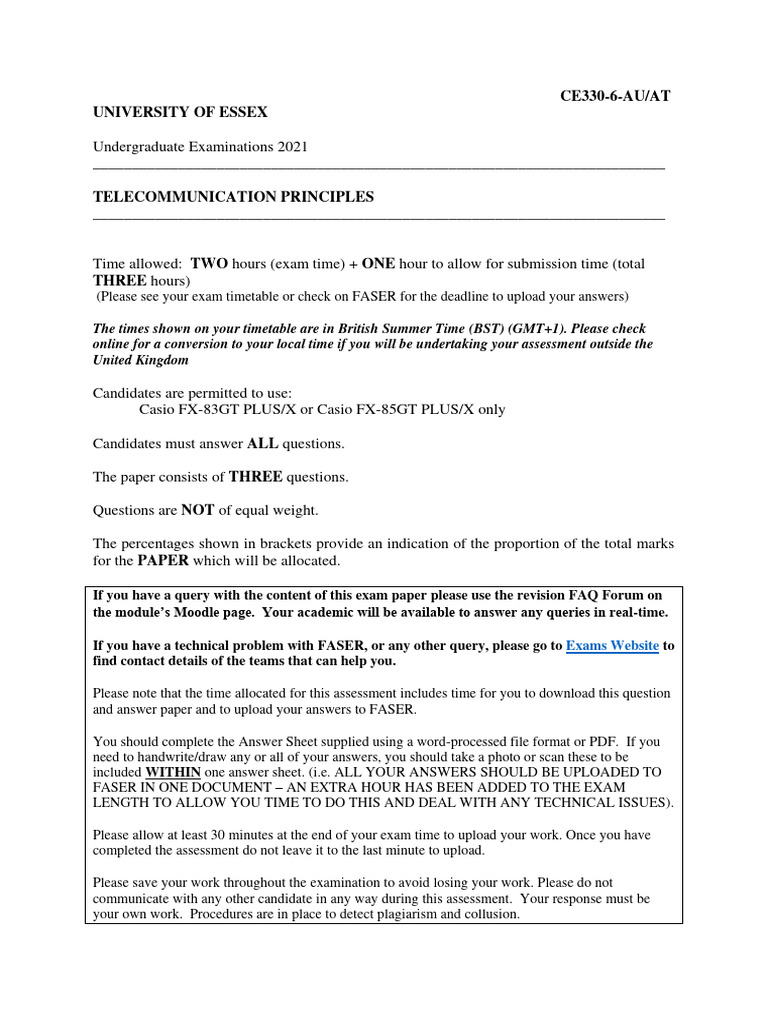 Telecommunication Principles Exam 2021 | PDF | Signal To Noise Ratio ...