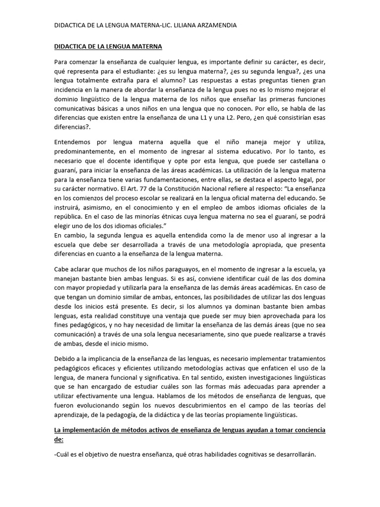 Didáctica de la Lengua Materna en Educación | PDF | Enseñando | Aprendizaje