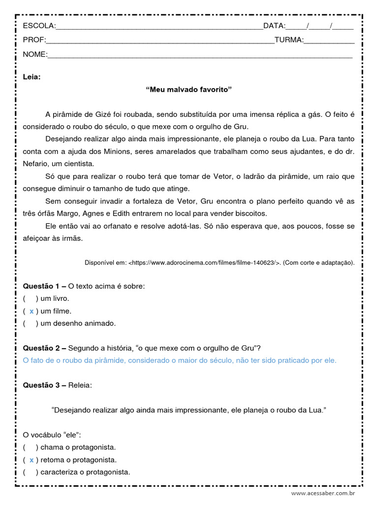 Interpretacao de Texto Meu Malvado Favorito 5o Ano Respostas | PDF ...