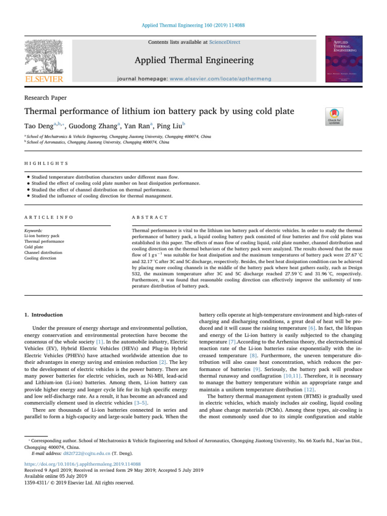 Thermal Performance of Lithium Ion Battery Pack by Using Cold Plate ...