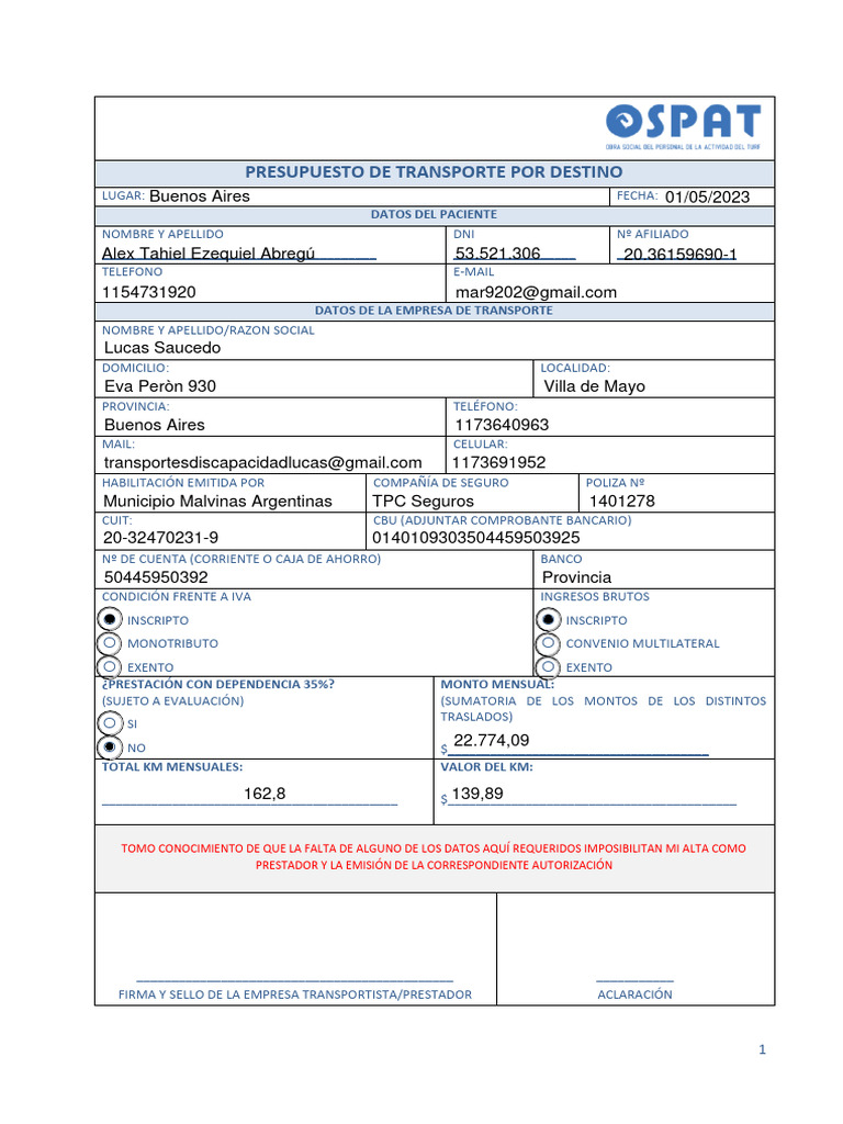 Presupuesto de Transporte Detallado | PDF