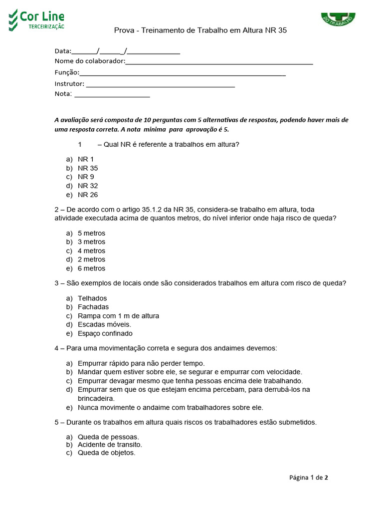 Prova Treinamento de Trabalho Em Altura NR 35 | PDF