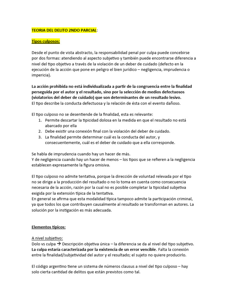 Tipos Culposos en Teoría del Delito | PDF | Intención (Derecho Penal ...