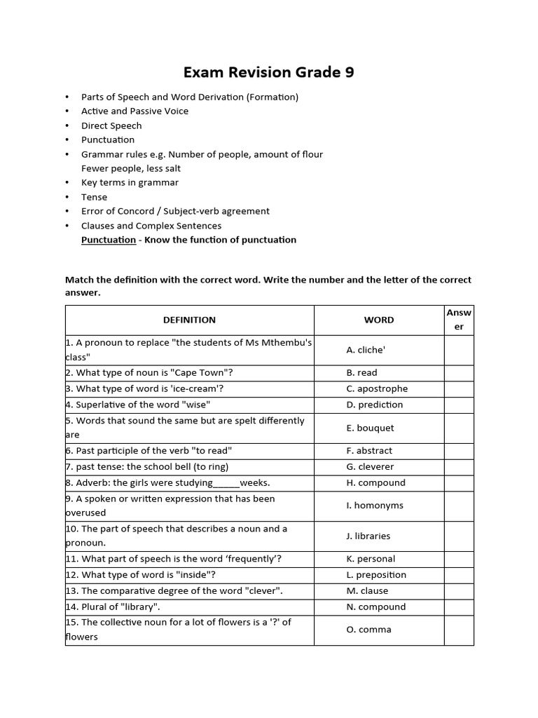 Grade 9 English Exam Revision Guide | PDF | Word | Grammar