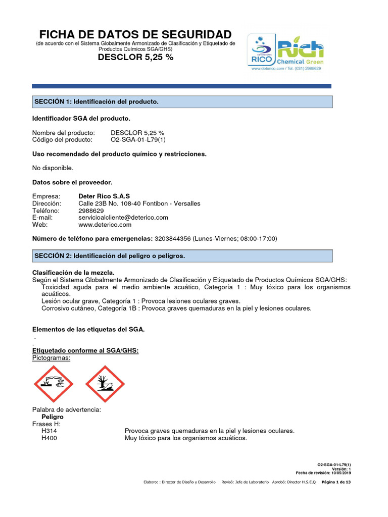 Ficha de Seguridad: Desclor 5,25% | PDF | Química