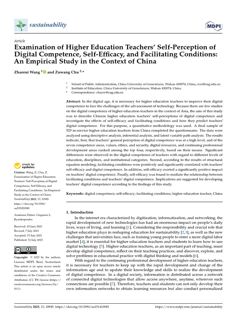Sustainability 15 10945 v2 | PDF | Self Efficacy | Educational Technology