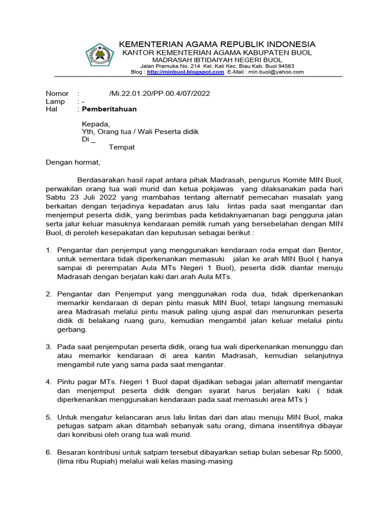 Surat Pemberitahuan Hasil Rapat Komite | PDF