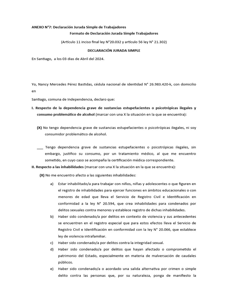 Declaración Jurada Simple de Trabajadores | PDF | Justicia | Crimen y ...