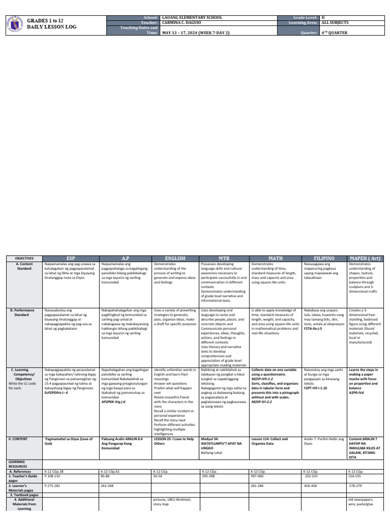 Grade 2 Daily Lesson Log: Week 7 | PDF | Cognitive Psychology | Human ...