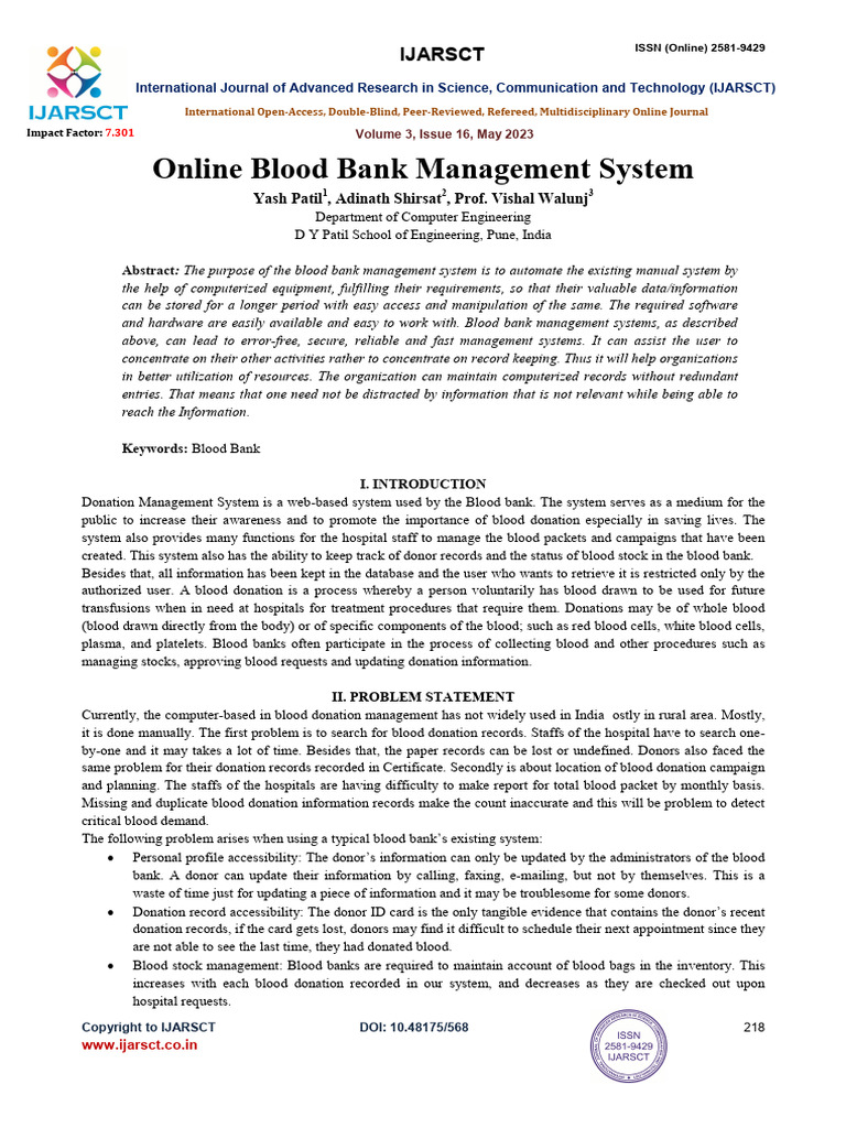 Foreign Blood Bank Management System Research Paper | PDF | Blood ...