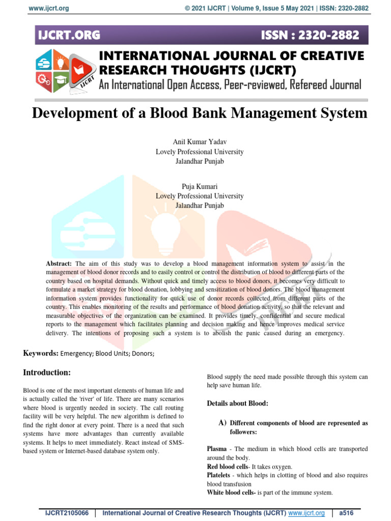 Foreign Blood Bank Management System Research Paper | PDF | Blood ...