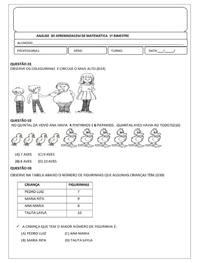 Atividade Matematica 1 Ano Pdf