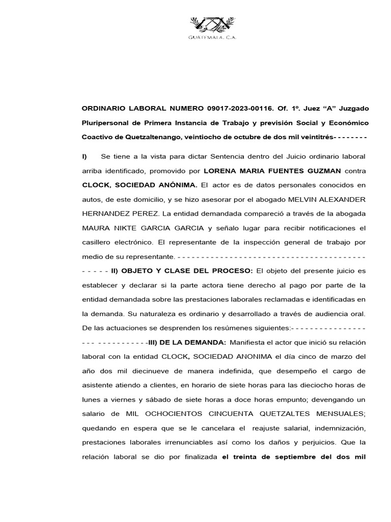 Juicio Laboral: Lorena Fuentes vs. CLOCK | PDF | Daños y perjuicios