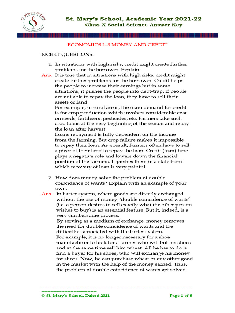 Class X Social Science Economics Answer Key | PDF | Loans | Finance ...