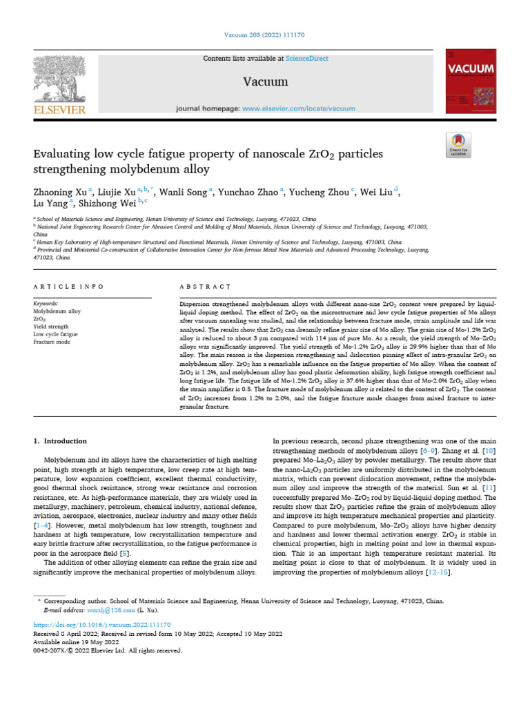 ZrO2-Enhanced Molybdenum Alloy Fatigue Analysis | PDF | Deformation ...