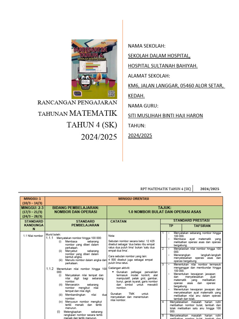 RPT Mate THN 4 (SK) 2024-2025 | PDF