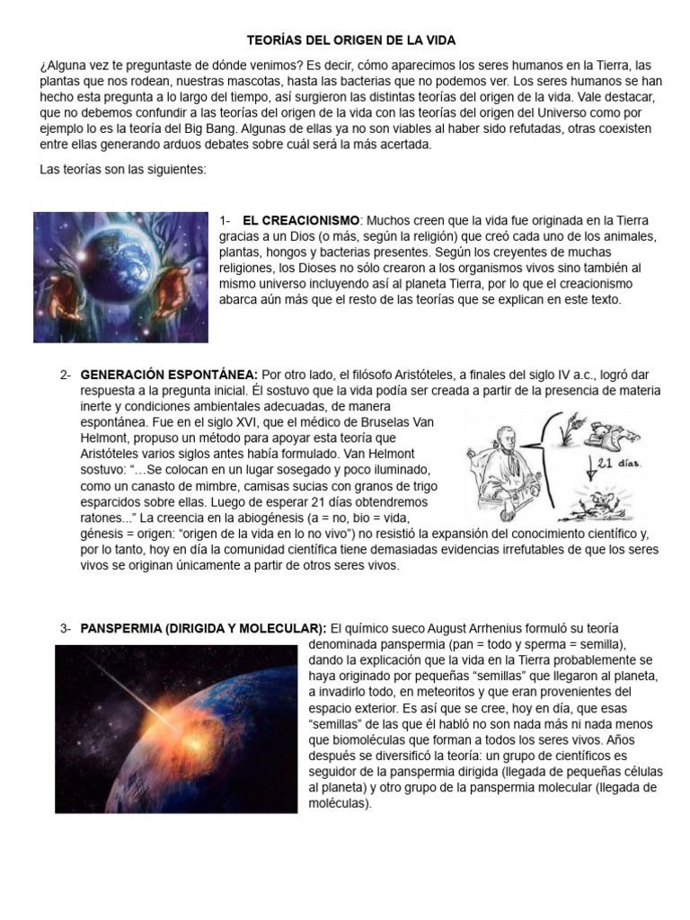 Teorias de Origen de La Vida 1 | PDF | Abiogénesis | Vida