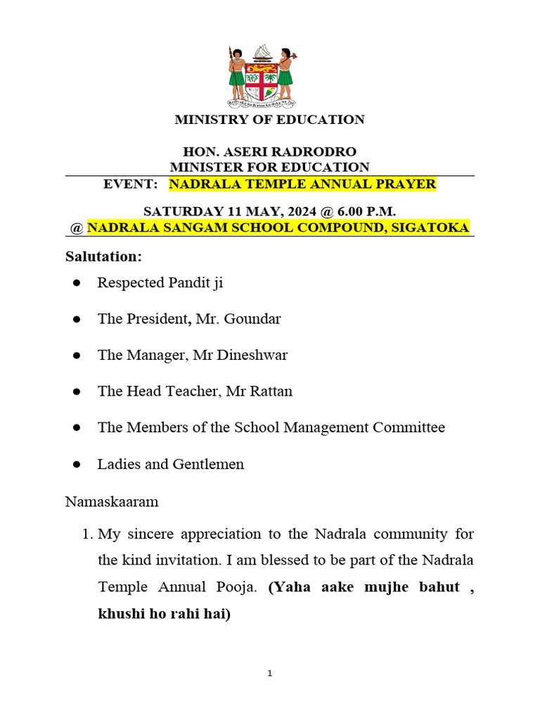 ESU Final Edited Speech - Nadrala Temple Annual Pooja | PDF | Prayer