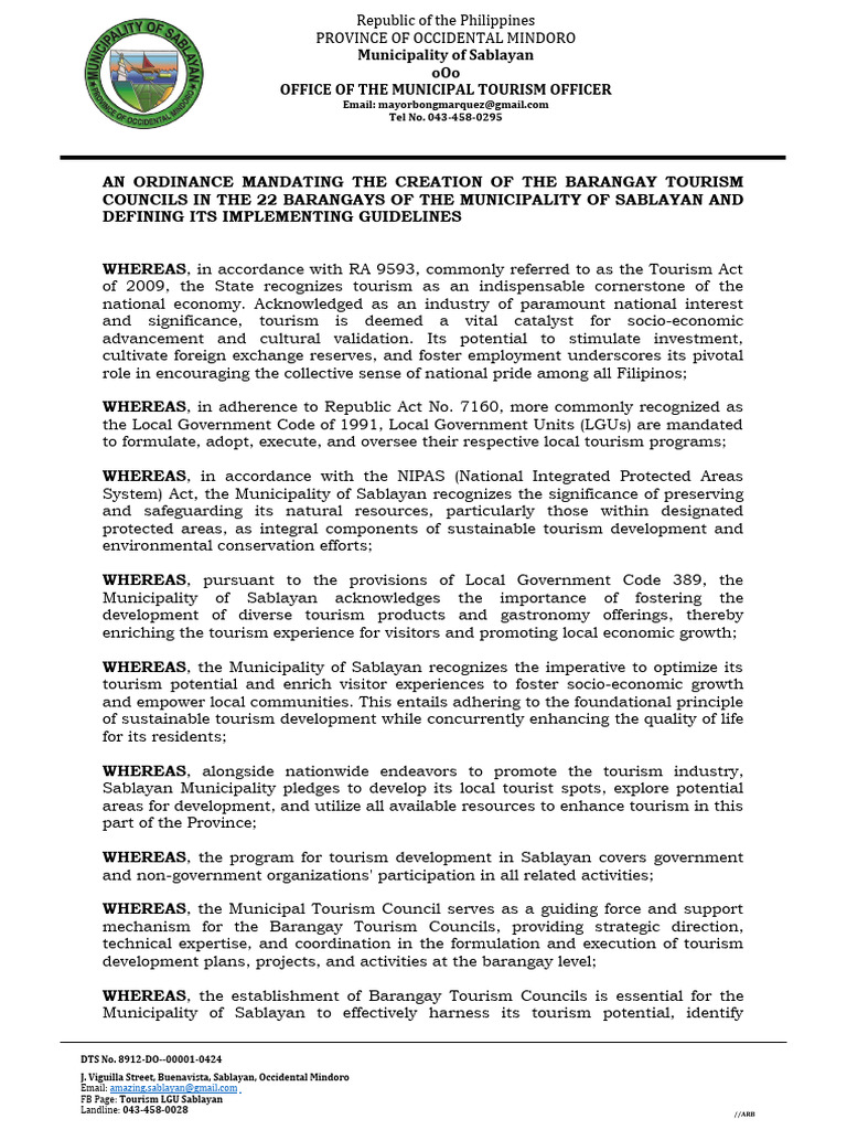 Sablayan Barangay Tourism Council Ordinance | PDF | Tourism | Economies