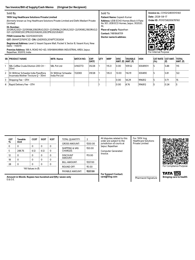Tax Invoice for Healthcare Products | PDF | Public Finance | Social ...