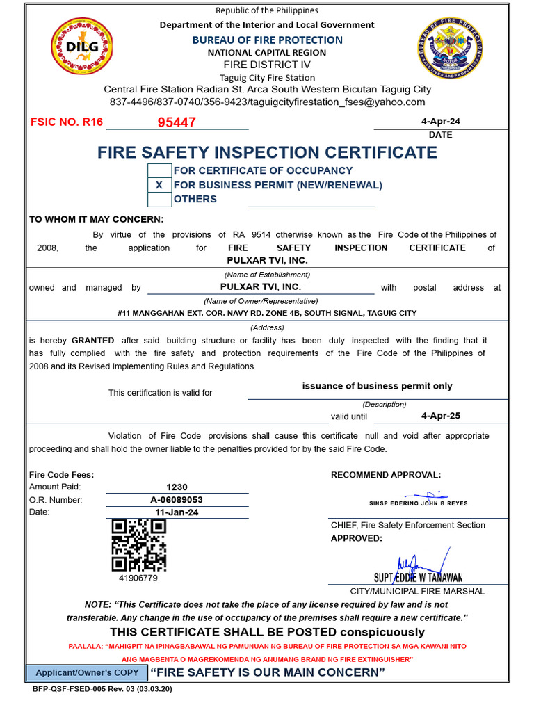 Fsic Taguig 1 2024 Fsic Download Free PDF Fire Safety Justice