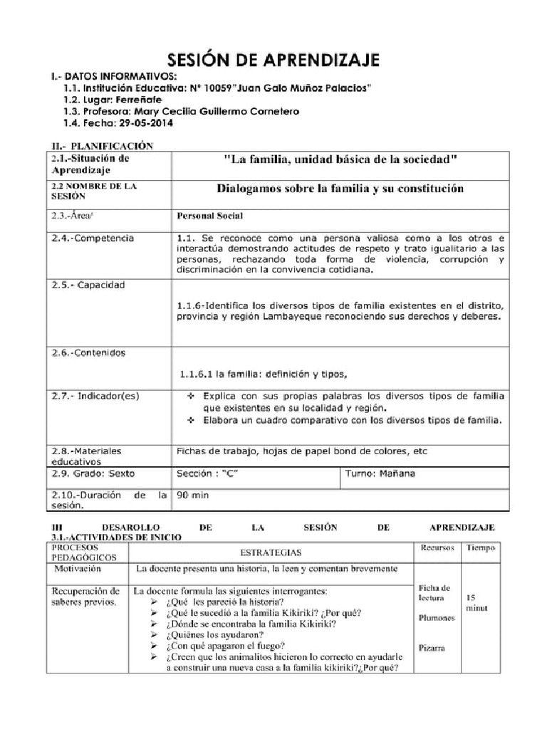 Sesion de Aprendizaje Sobre La Familia - 20240422 - 225130 | PDF