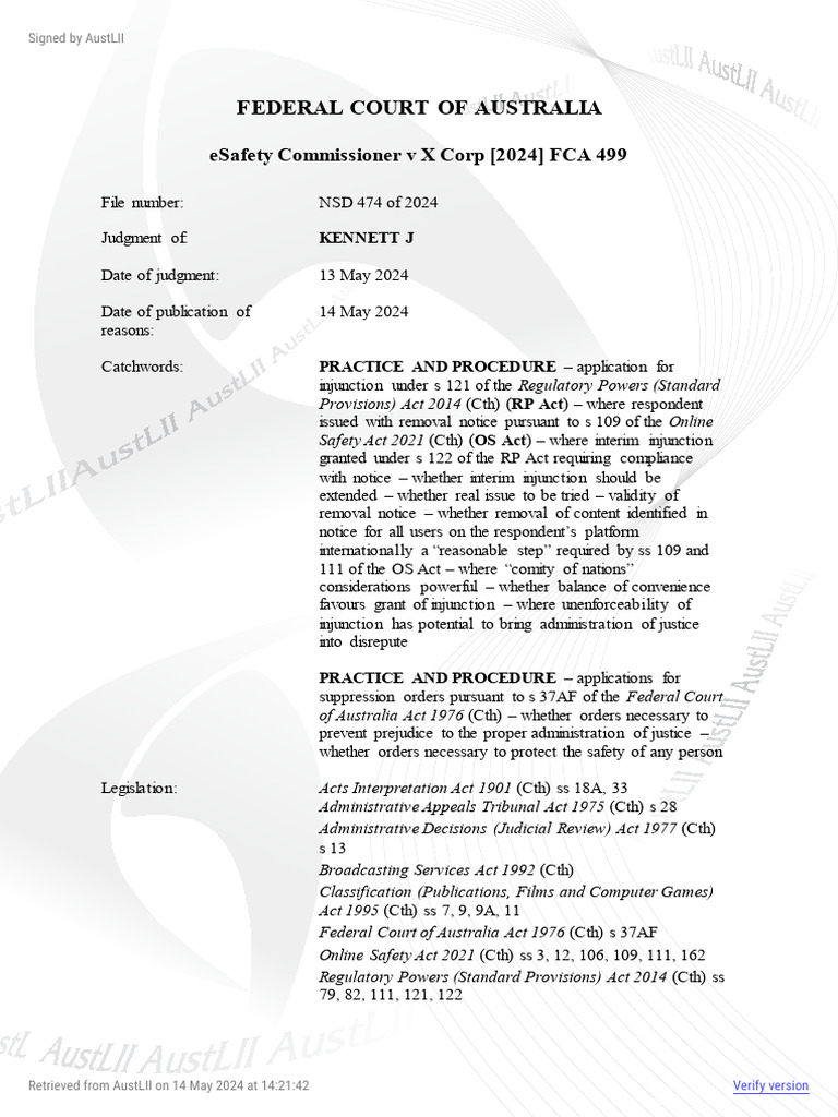 eSafety Commissioner v X Corp Case Summary | PDF | Injunction | Burden ...