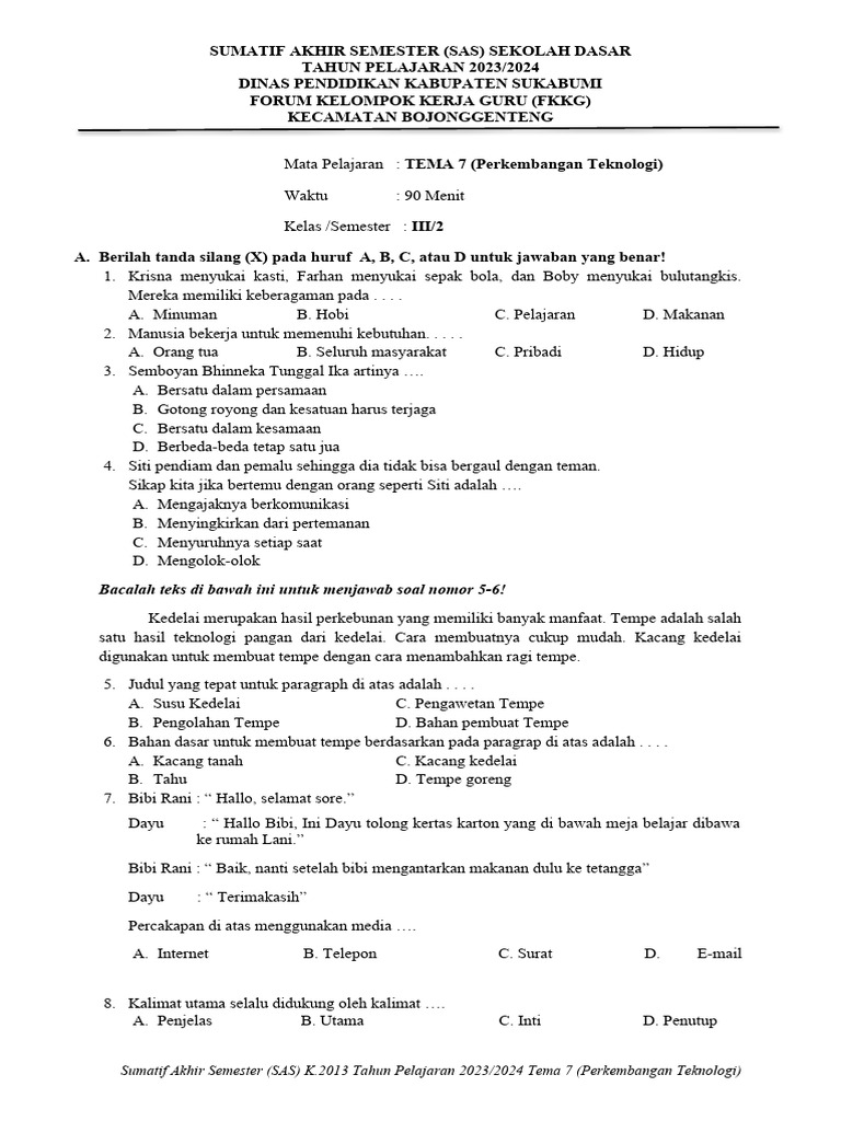 Soal sas tema 7 kls 3 pdf