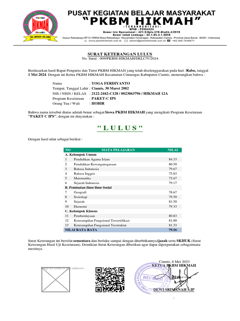 Surat Keterangan Lulus Paket C IPS | PDF