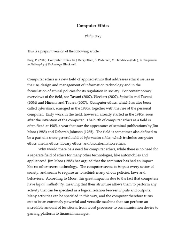 Brey 2009 computer ethics blackwell pdf privacy computer security