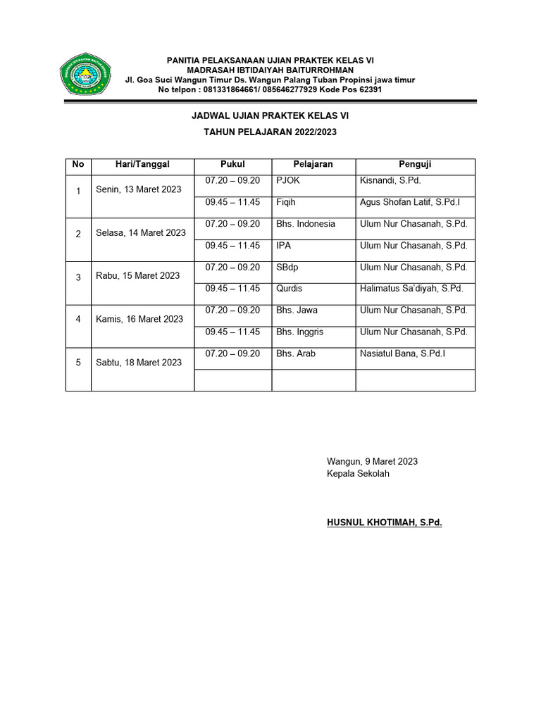 Jadwal Ujian Praktek Kelas Vi News Pdf
