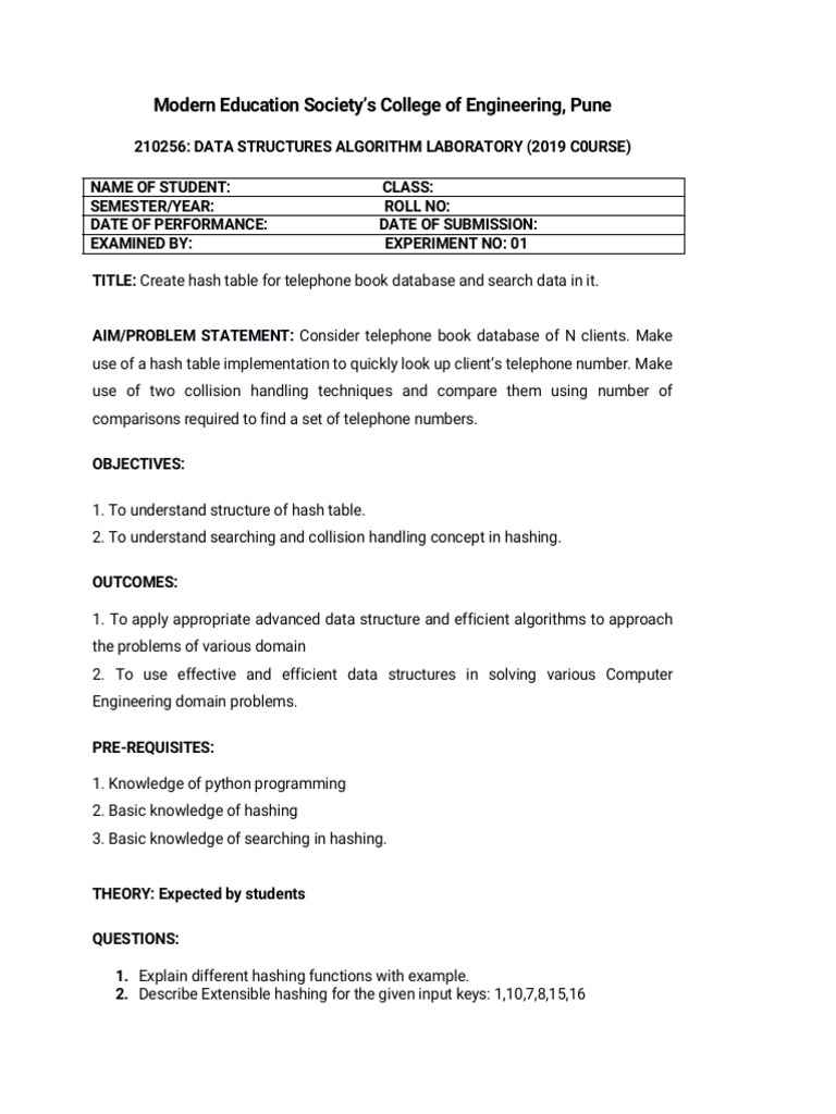 Telephone Book Hash Table Lab Experiment | PDF | Computers
