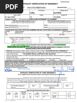 22-23 Affidavit Residency Fillable - English