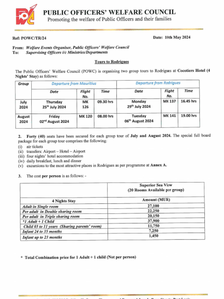 Circular POWC Tour To Rodrigues July August 2024 | PDF