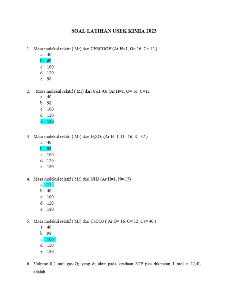 Soal Latihan Kimia USEK 2023 | PDF | Sains & Matematika | Teknologi ...