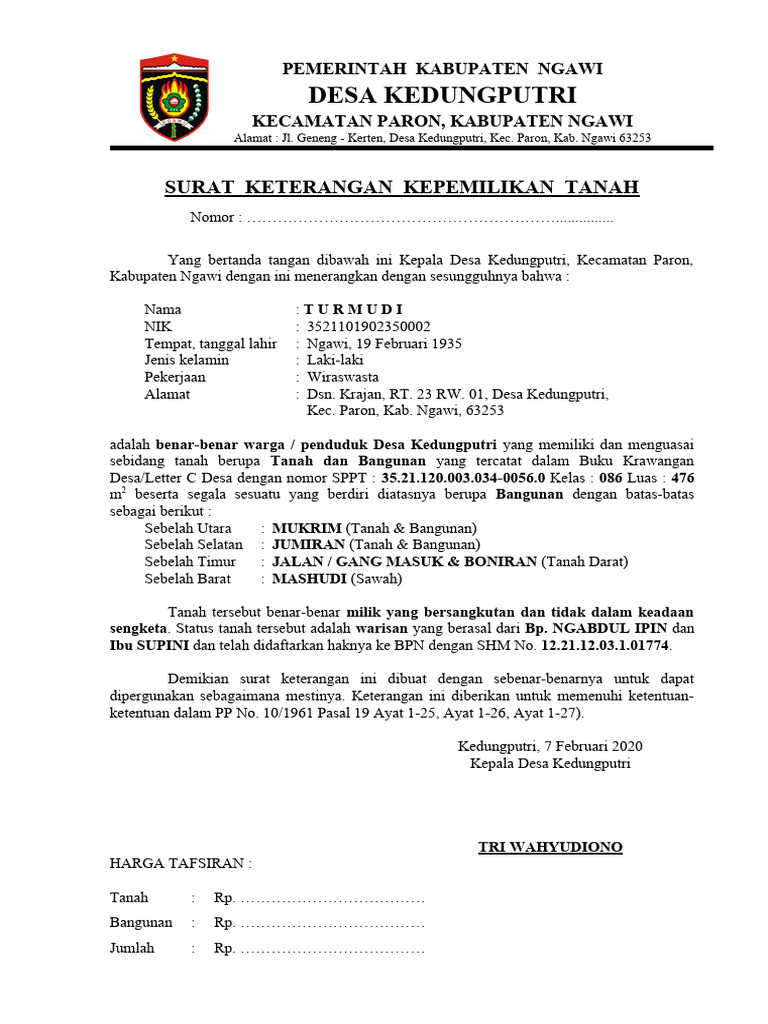 Contoh Surat Keterangan Kepemilikan Tanah | PDF