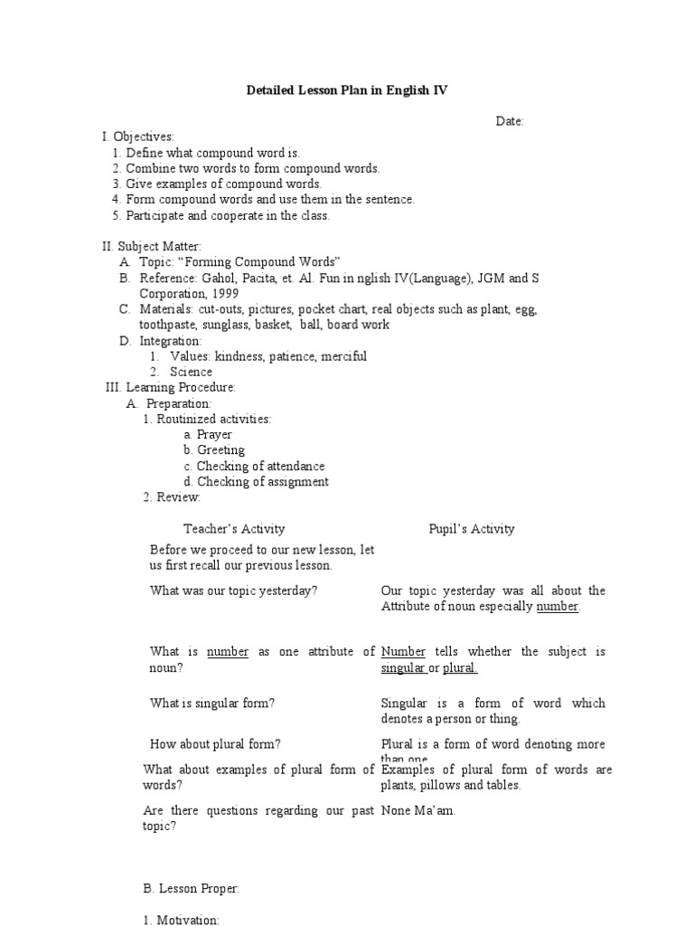 Detailed Lesson Plan in English IV | Plural | Grammatical Number