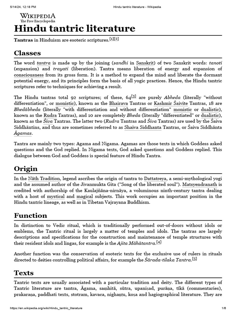 Hindu Tantric Literature - Wikipedia | PDF | Hindu Tantra | Indian ...