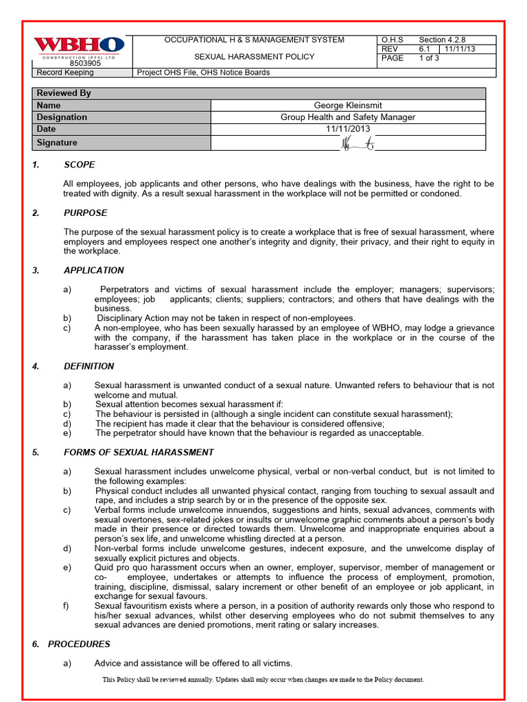 Sexual Harassment Policy Overview | PDF | Sexual Harassment | Misconduct