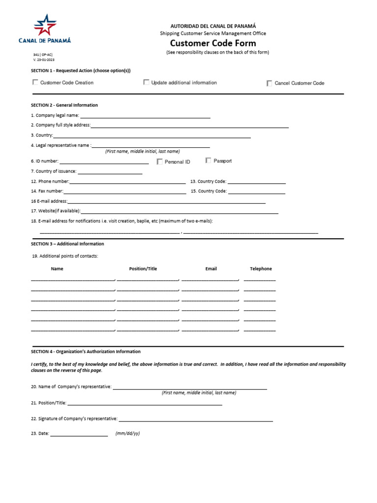 Panama Canal Customer Code Form | PDF