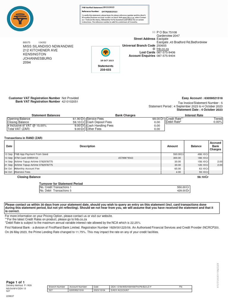FNB Easy Account Statement Summary | PDF | Credit Card | Debit Card