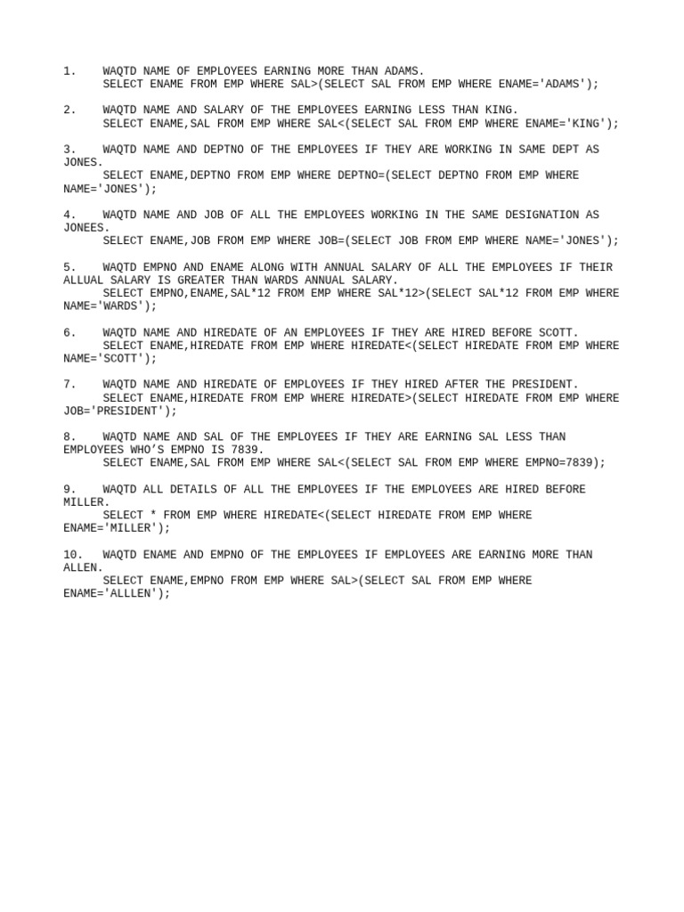 SQL Subquery Practice Exercises | PDF